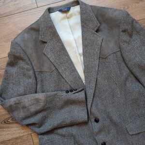 Vtg Pendleton Wool Tweed & Suede Elbows Blazer Jacket Gray Western Wear 44 Long